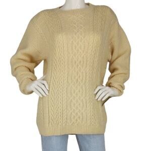 Vintage Linda Allard Ellen Tracy Ivory Fisherman Cable Hand Knit Wool Sweater